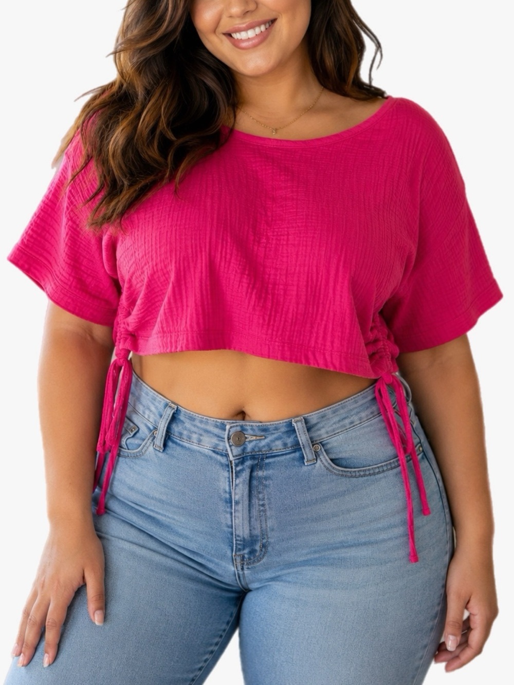 NWT Plus Size 2X Fuchsia Gauze Crop Top Drawstring Boho Short Sleeve Blouse Top